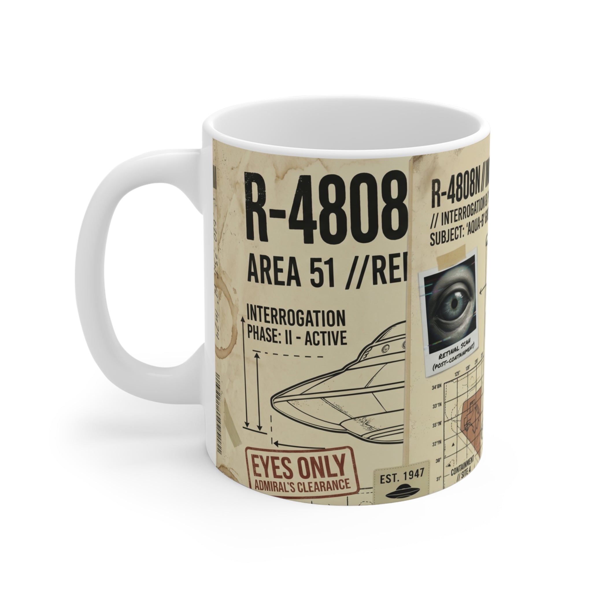 Area 51 Alien Files Coffee Mug — R-4808 Classified UFO Design