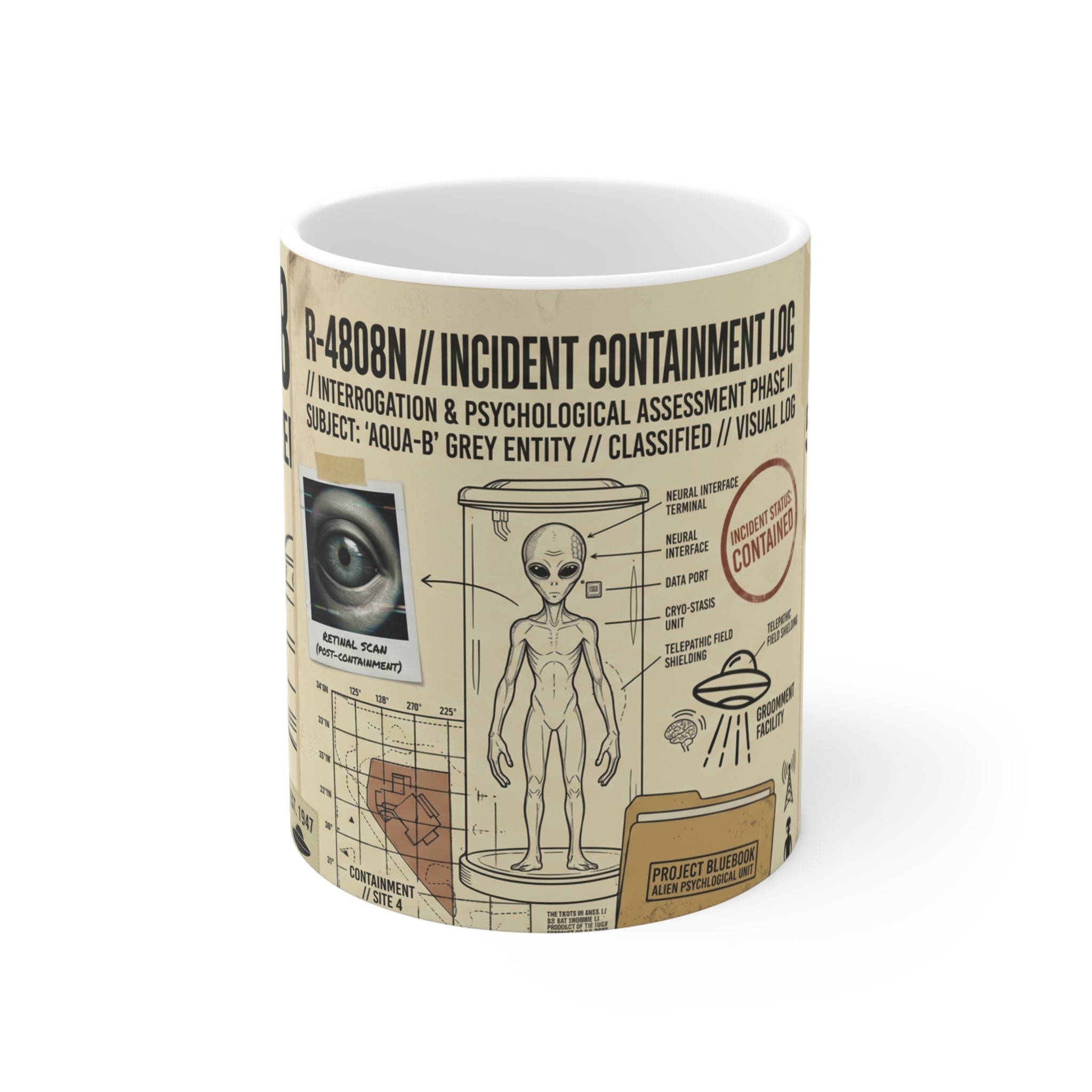 Area 51 Alien Files Coffee Mug — R-4808 Classified UFO Design
